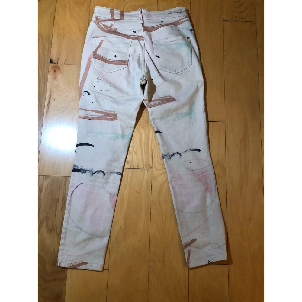 Anthropologie Moglea Hand Painted Abstract Straight Leg Jeans White Pink 26 - Picture 1 of 5